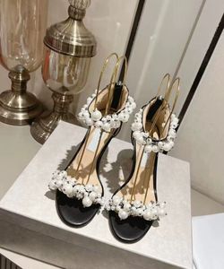 2024 Designer Sandali in pelle con perle Tacchi a spillo Tacchi alti Cinturino alla caviglia in vera pelle Nero Bianco Scarpe da sposa da donna Maisel JC