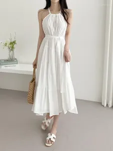 Casual Dresses Women Elegant Halter Pleated Dress 2024 Fashion Sexy Long White Summer Backless Lace-up Vintage Party Slit Ladies