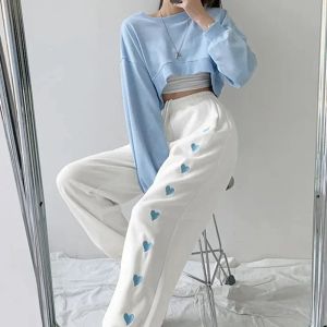 Capris xpqbb moletom com cordão branco para mulheres outono coração bordado solto calças retas tendência feminina casual harem calças 2022