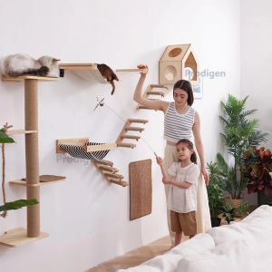 Scratchers Cat Wall Furniture Solid Wood Cat Wall Climbing hyllor och abborre för kattunge som sover och lyser lounging gipsinstallation