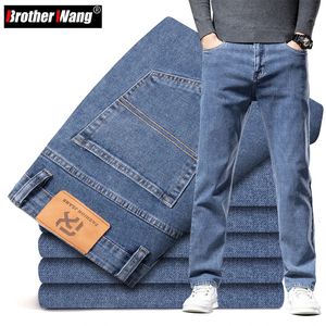 Большие размеры 40, 42, 44, осенние мужские синие прямые свободные джинсы, деловые повседневные хлопковые эластичные джинсовые брюки, мужской бренд 240321