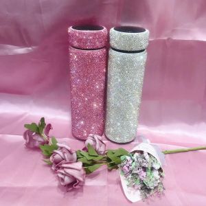 Frasco de strass completo com temperatura dispaly água quente thermosc copo isolado espumante garrafa de água personalizada