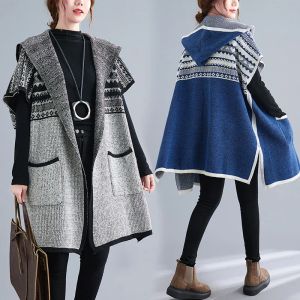 Cardigans Blue Grey Sticke Cardigan Women Batwing Sleeve Loose Vintage Cadigan Kimono tröja damer Asymmetriska stickade kläder Lång kappa