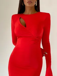 Casual Dresses Women O-Neck Long Sleeve Hollow Out Maxi Dress Ladies Elegant Slim Solid Sexy Ruched Evening Outfits