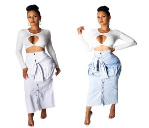 2019 New Women Summer High Waist Maxi Midi Jean Skirt Vintage Fashion Denim Skirts Ankle Length Skirts Side Pockets Straigh9434224