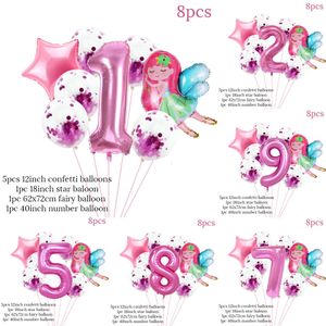 New New 8Pcs/Set Pink Fairy Foil Ballon 40Inch Number Balloon Confetti Globos For Baby Kids Girl Birthday Party Decoration Supplies