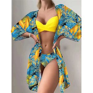 Swim wear três peças conjunto de biquíni cobrir mulheres 2023 novo push up twist swimsuit impressão manga longa swimwear biquini maiô verão 240229