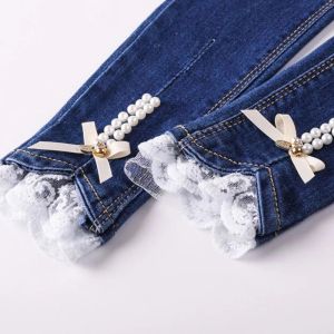 Брюки, джинсы для девочек, весенние хлопковые джинсовые кружевные лоскутные джинсы с узором из бисера, детские брюки, леггинсы-карандаш для девочек, 414y, детские брюки