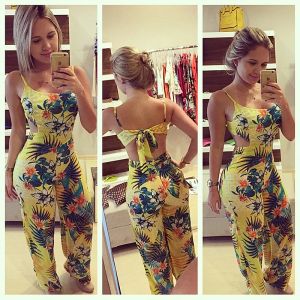 Capris Women Summer O Neck Bowknot Spodnie Playsiut Floral Printed Yellow Jumpsuits Spaghetti Pasp Long Rompers kombinezon biurowy Lady