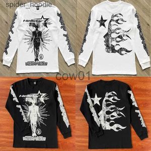 Herr t-shirts herr t-shirts hellstar long sling t-shirt stor tryck helvete stjärna svarta vita män kvinnor topp tee t shirt j231111 240229