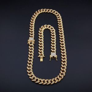 13mm Miami Cuban Link Chain Gold Silver Necklace Bracelet Set Iced Out Rhinestone Bling Hip hop for Men Jewelry262s