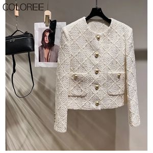 Белый твидовый пиджак для женщин, зимняя роскошная дизайнерская элегантная шерстяная куртка с воротником на воротнике, корейский стиль Chaqueta Mujer 240226