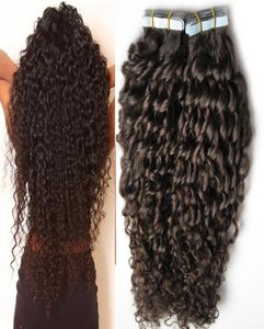 Najciemniejsza brązowa brazylijska perwersyjna krzymała dziewicza taśma włosów w ludzkich włosach przedłużanie 100 g 40pcs Afro Kinky Curly Skin Skus Bezproblemowe włosy 7265642