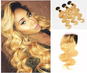 Dark Roots Honey Blonde Lace Closure With Bundles Two Tone Ombre Human Body Wave Hair Weave With Lace Closure Baby Hair Around5323277