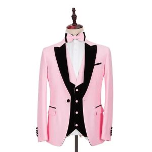 Suits 2023 Wedding Blazer Pink Terno Full Set Jacket Pants Vest Black Peaked Lapel Single Breasted Costume 3 Pieces Homme Slim Fit