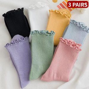 Women Socks 3 Pairs/lot Ruffle Lace Cute Polyester Cotton Loose Autumn Winter Knitting Solid Color Long Breathable Mid Tube Sock