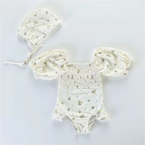 Costume da bagno da bagno con maniche a sbuffo floreale vintage con motivo smock + berretto estivo per bambini costumi interi per bambini bikini spagnolo per bambini