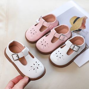 Outdoor New Children Leather Shoes Girls Hollow Outs T Strap Shoes Kids Student School Shoes Baby Toddlers Soft Breathable Summer Autumn