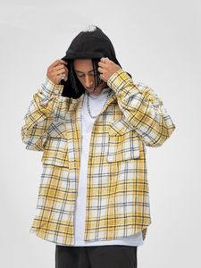 秋/冬のコートメンズアメリカンチェッカーフード付きシャツレトロフード付きセーター