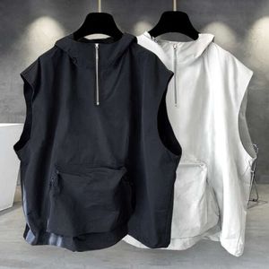 Men's Summer Diagonal Zipper Design Feels Sunscreen, Vest Jacket, Plus Size Trendy And Fat, Loose Hip-Hop Hooded Vest