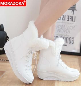 Morazora Plus Size 35-44 New Snow Boots women Wedges lace up ankle boots white black platform Shoots温かい冬のブーツ女性lj20195951665