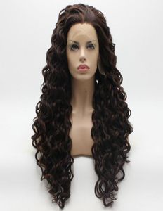 Iwona hår lockigt långa två ton brun auburn mix peruk 18630 ​​halv hand bunden värmebeständig syntetisk spets framdaglig naturlig wigs6142408