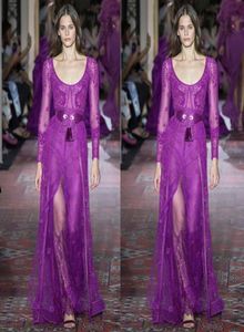 Zuhair Murad Purple Evening Dresses Scoop Neck Long Sleeve Illusion Party Gown Floor Length Prom Party Gowns4815162