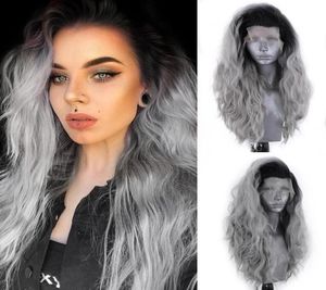Long Wavy Ombre Grey full lace wig Heat Resistant Fiber water wave Synthetic Wig Natural Hairline For Black Women48196332181298