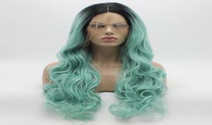 Iwona Hair Wavy Long Dark Root Light Blue Ombre Wig 51B5412 Half Hand Tied Heat Resistant Synthetic Lace Front Wig7842952