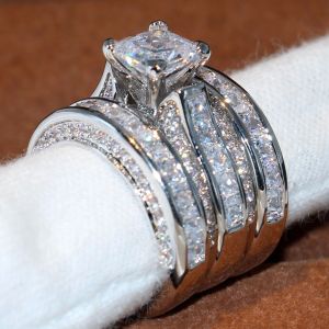 Tamanho 5-12 Top Sparkling Luxury Jewelry 925 Sterling Silver Wedding Ring Princess Cut 3 em 1 Topázio branco CZ Diamond Women Band Ring Set Gift 2024601