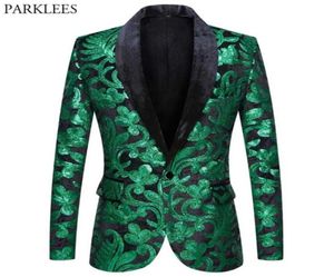 Blazers de lantejoulas florais verdes brilhantes Blazers de um botão de xale de colarinho de traje de traje de traje de casas de casamentos de casamentos cantor 225812743