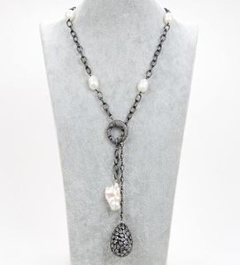 Guaiguai smycken odlade vita rispärl CZ Gunmetal Chain Halsband Keshi Pearl CZ Teardrop Pendant for Women Real ädelstenar Stone LA2292647