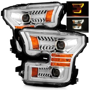 För 15-17 Ford F150 Switchback DRL/Signal LED Tube Chrome Projector-strålkastare