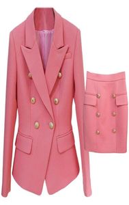 Vestido de duas peças de saia rosa blazer fatos 2021 Botões de peito duplo de ouro moda Blazers Saias de lápis Slim Pieces Sets High Qual5115375
