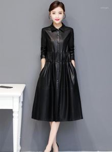 LaUtaro Womens Leather Jackets e Casacats Plus Size Roupas de outono para mulheres 7xl Long preto plissado coelho de couro falso 2020 Spring11309361