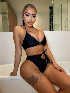 Women swimowy damskie damskie damskie damski Monokini Brazylijski seksowne kobiety podzielone styl Swimsuit Czarny strój kąpielowy Nowy rozcięty łańcuch kąpiel