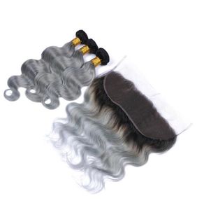 Virgin PeruVian Ombre Human Hair 3Bundles med 13x4 spets frontala kroppsvåg 1Bgrey Two Tone Human Hair Weaves With Frontals Silver5065957