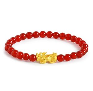 999 Real Yellow Gold Bracelet Women Luck Bless Pixiu Charm with Red Agate Beads Bracelet 6 LJ2010207316635
