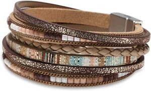 Ory Womens Leder verpackt Armband Bohemian Leopardenmuster Mehrschichtiger Kristallperlenmanschettenarmband Schmuck Schmuck