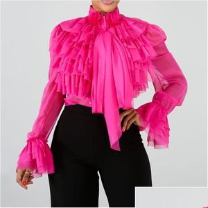 Kvinnors blusar skjortor kvinnor vanlig fal långärmad kvinnor sommarrosa ruffles toppar blus kvinna plus size office ol elegant lady dhxrd