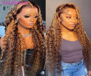Mel loira de renda cacheada profunda peruca para mulheres negras Cabelo humano brasileiro Destaque Curly 13x4 Wig Frontal HD Synthe69545552