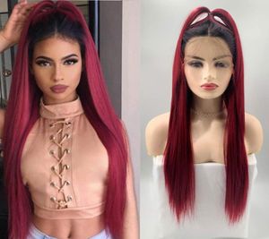 Fashion Long Straight Wine Red Hair Wig Synthetic Ombre Black to Burgundy Heat Resistant Lace Front Wigs for Black Women 24inch6488378