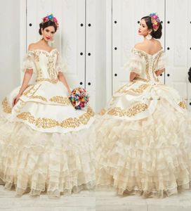 Ruffled Floral Charro Quinceanera klänningar 2020 av axel puffy kjol guldbroderi pärlor prinsessa sweety 16 flickor maskerad 4755607