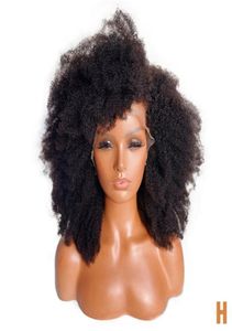 Afro kinky lockig peruk med bang djup del syntetiska spetsar front peruker för kvinnor 180 densitet kort mongoliskt hår spets wig5715998
