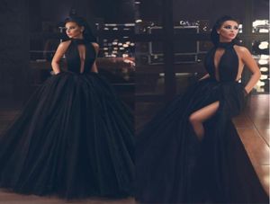 Sexig svart hight split sida prom klänningar med fickan rygglös puffy tyllgolvlängd lång formell aftonklänningar vestidos de gala 7553217