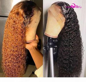 Ali Coco Blonde lockiges menschliches Haar Spitze Front 180 Dichte Orange Ginger Ombre Farbe Brasilianer Remy Curl Perücken vorzupfen6449301