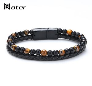 Trendiga herrarmband Natural Lava Tiger Eye Braslet Double Layer Leather Braclet Hiphop Punk Brazalete Present For Men Bileklik6608100