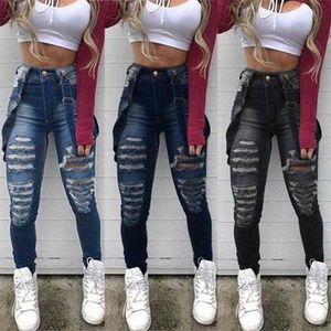 Women's Jeans Womens Jeans Retro Suspender Denim Overalls for Women Ripped Hole High Waist Skinny Pencil Pants Woman Destroyed Long Strap Jean Pant5uoi