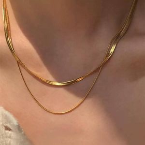 Freekiss Herringbone requintado 14K Snake banhado a ouro, corrente de corrente de corrente, colar simples em camadas, presente de joias de ouro feminino