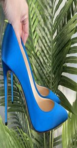 Gelegenheitsdesigner sexy Lady Mody Women Schuhe Royal Blue Satin Point Toe High Heels Pumps Stiletto 12 cm 10 cm 8cm6363620